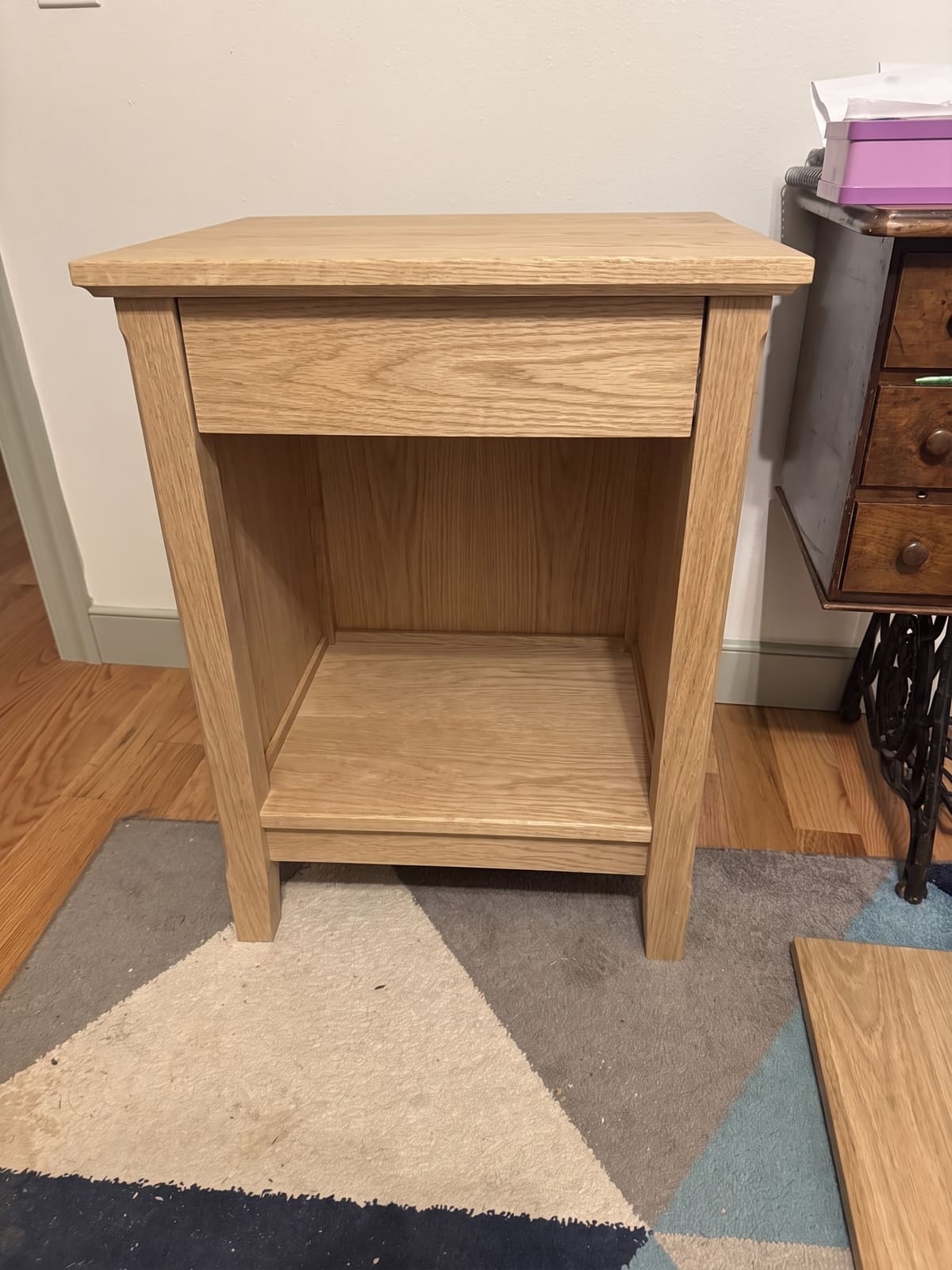 Computer-generated preview of the same nightstand in a clear-finished white oak
